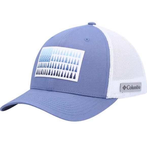 Columbia Blue Canvas White Mesh Tree Flag FlexFit Trucker Hat - Picture 1 of 16